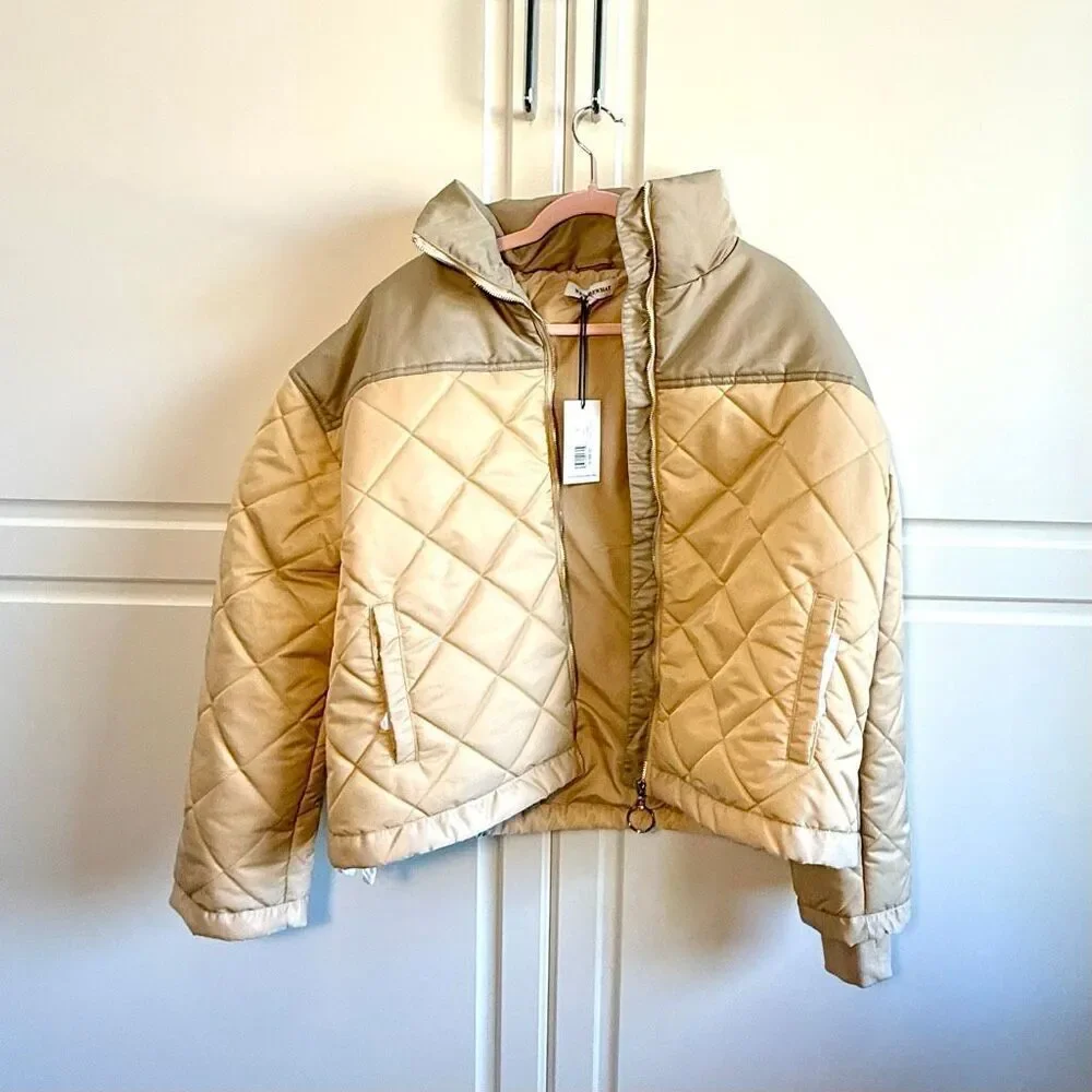 NWT WeWoreWhat Color Blocked Quilted Puffer Jacket in a muted sage/beige colorwa